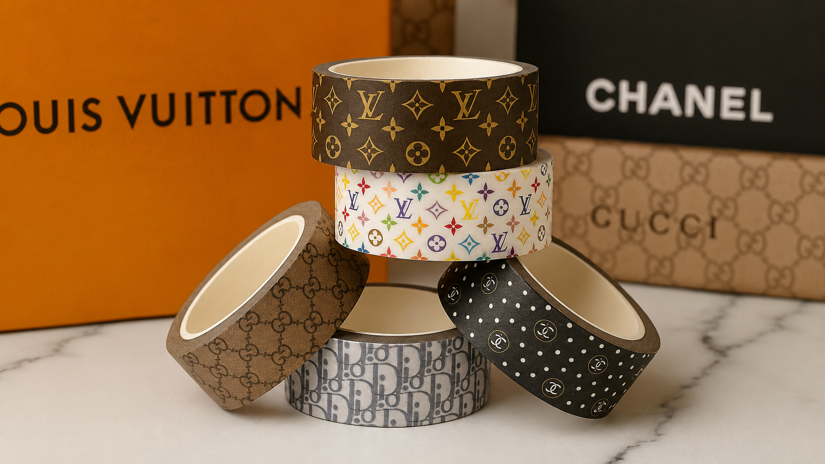 Luxury fashion-inspired washi tape rolls arranged on a marble surface with designer-inspired patterns, showcasing decorative tape for journaling, planners, mixed media art, and coloring page embellishments.