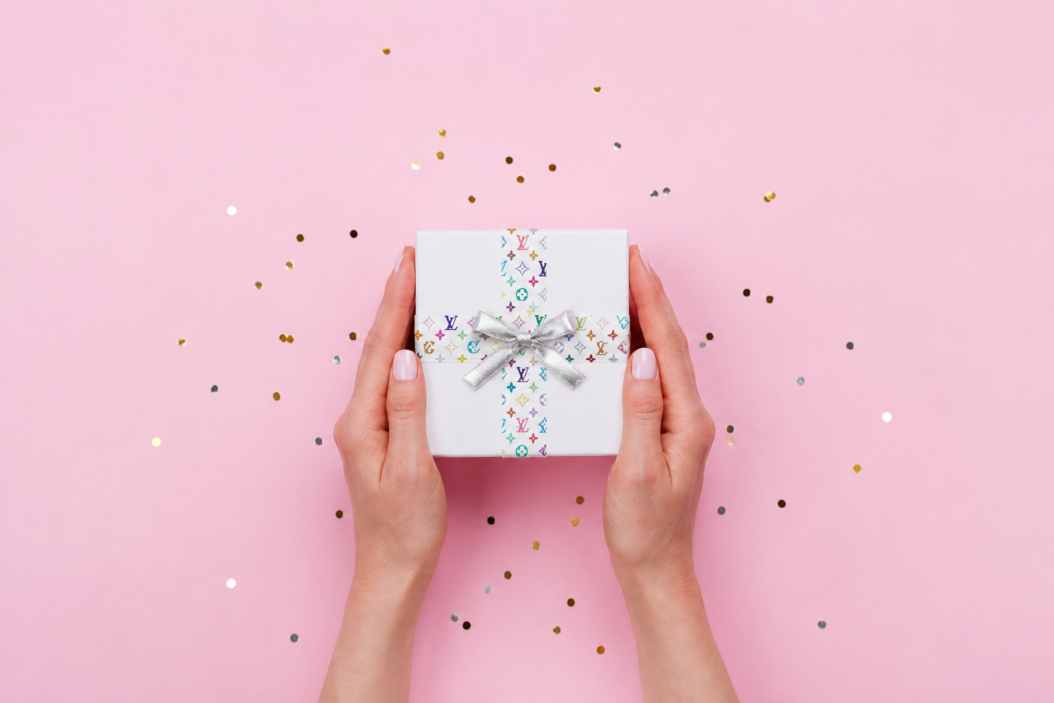 White gift box decorated with designer washi tape used as ribbon and a silver bow