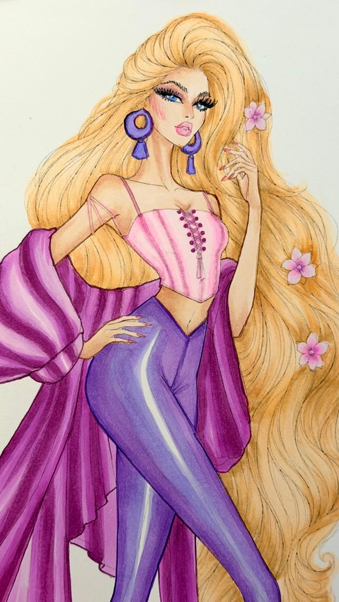 Hand-drawn fashion illustration of a Rapunzel-inspired blonde woman with long flowing hair and pink flowers, wearing a pink corset top, glossy purple pants, a draped magenta wrap and purple platform heels.