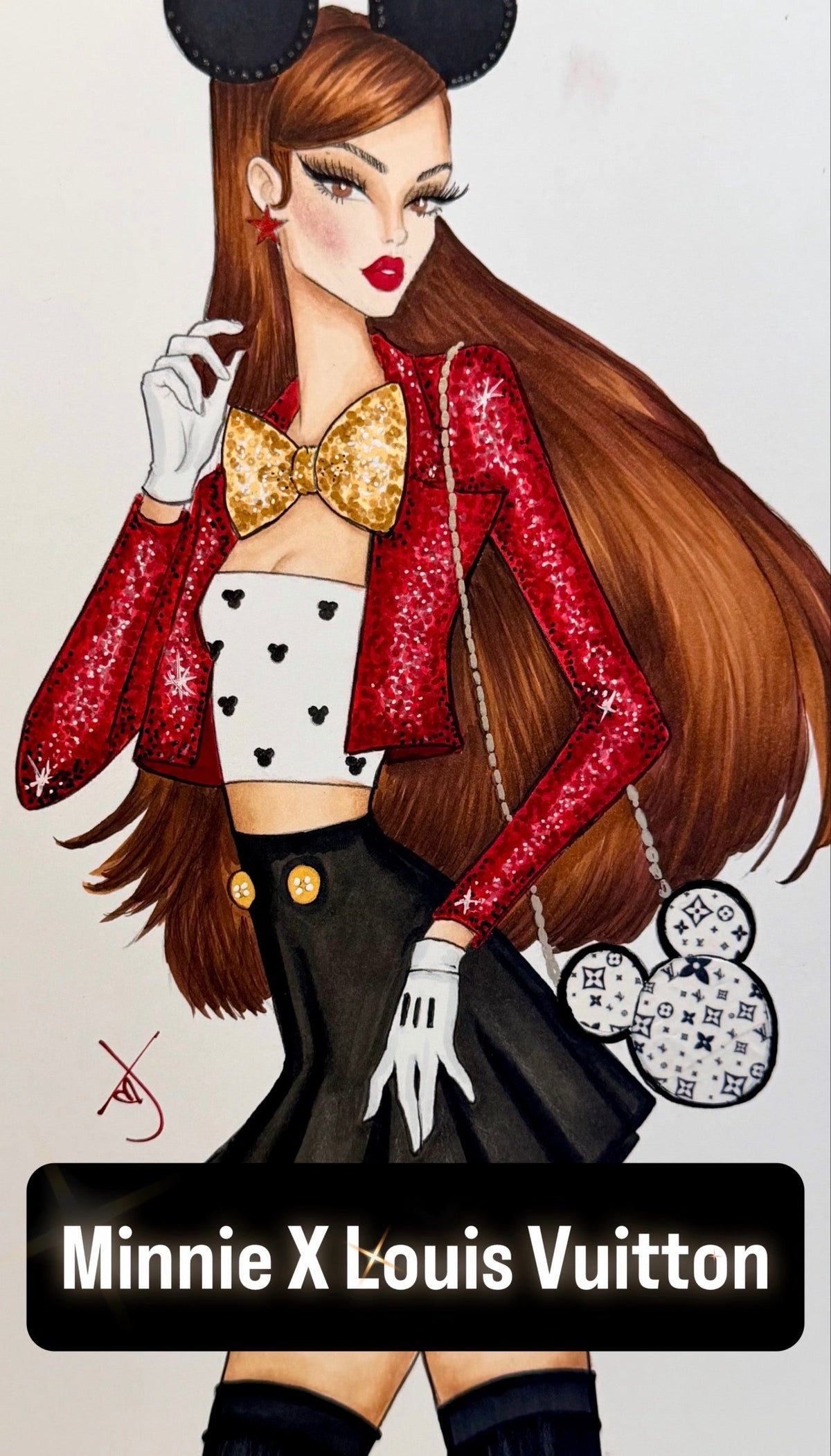 Disney-inspired fashion illustration featuring a glamorous red sequined jacket, gold bow and statement accessorie