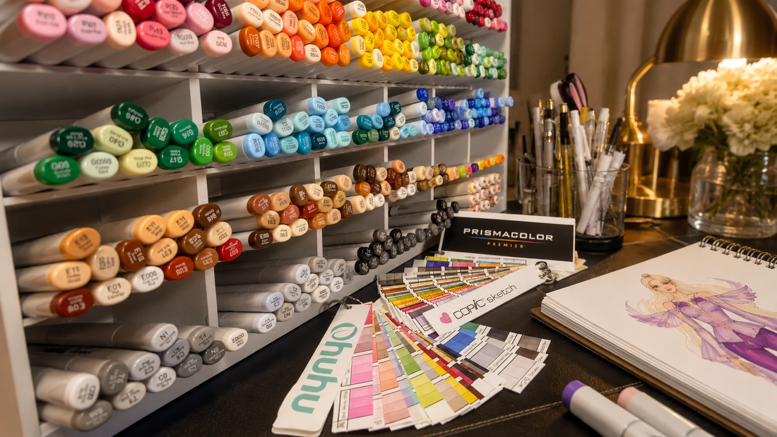 Alcohol markers, color swatches, and open fashion illustration coloring book on a creative workspace desk