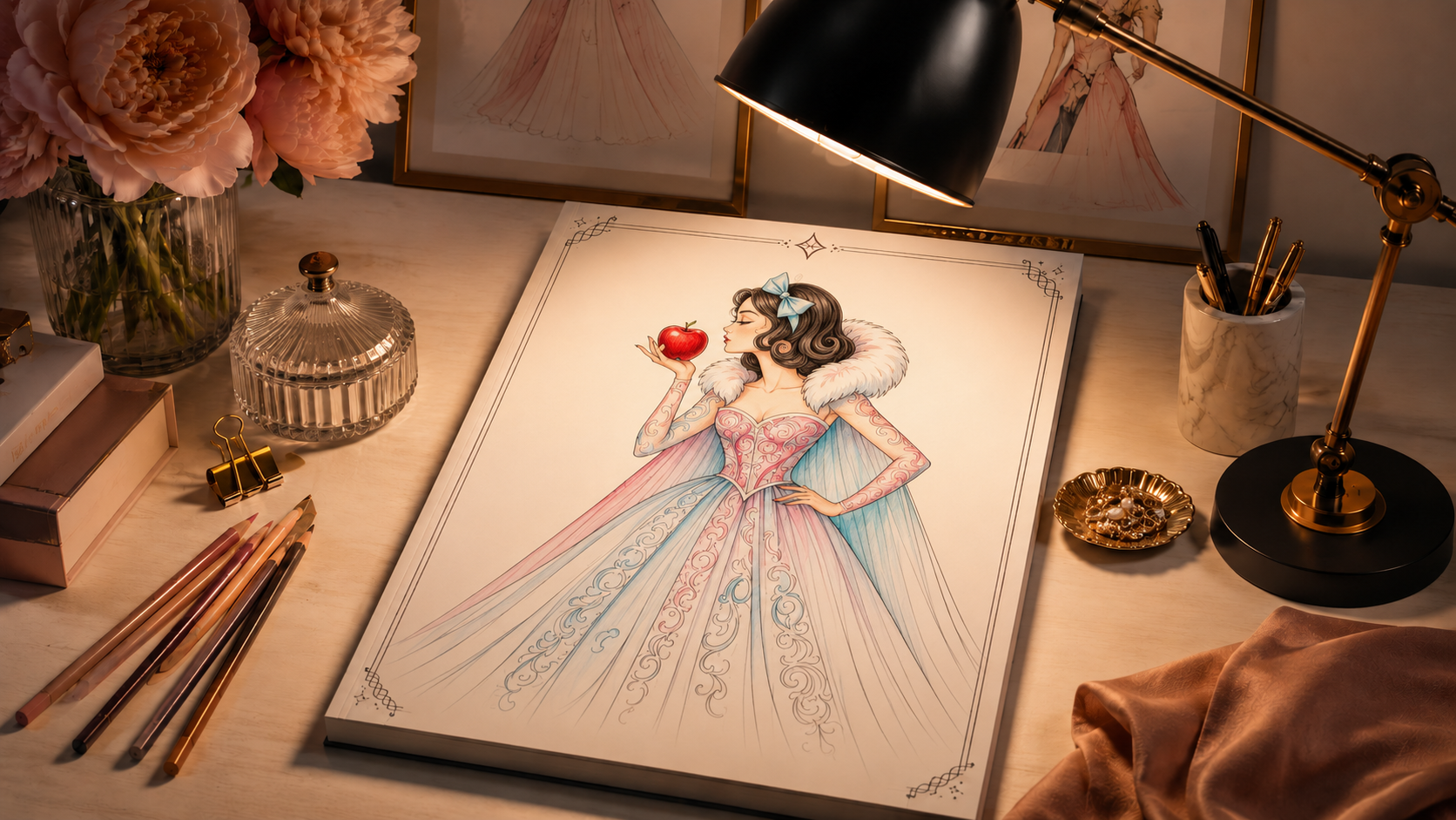 Fashion coloring book open to a couture princess illustration in a pink corset ballgown, surrounded by colored pencils and gold desk accessories