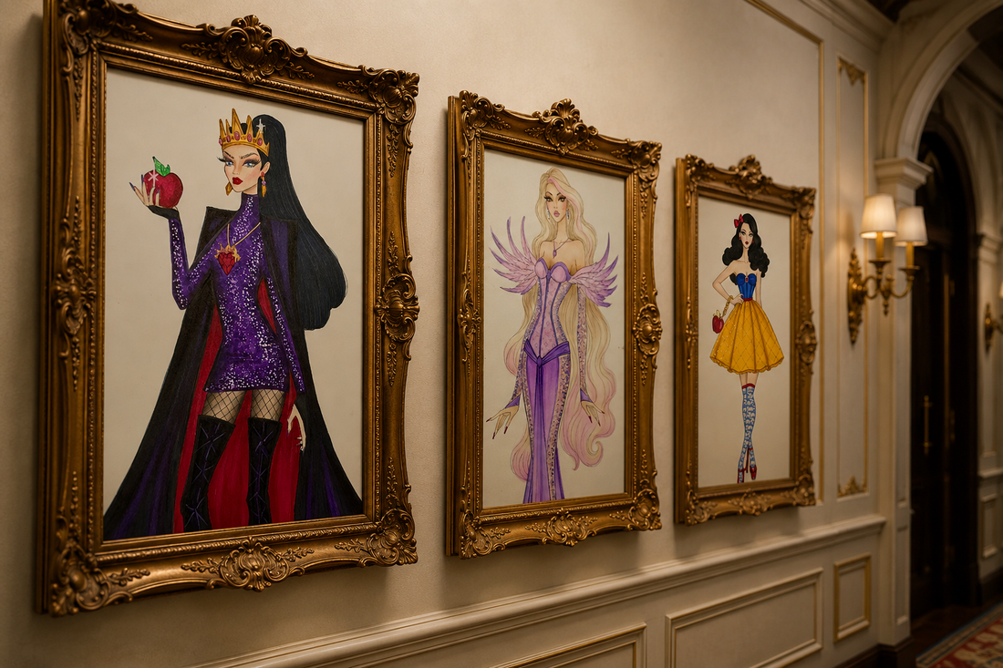 Couture fairytale fashion illustrations featuring a villain queen, angel princess, and Snow White reimagined in luxury couture styles
