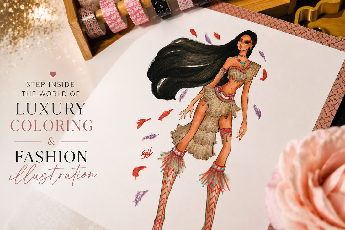Finished luxury fashion coloring page from Perfect Pages: Couture Fairytales Volume I featuring a beautifully styled Pocahontas-inspired couture fashion illustration.