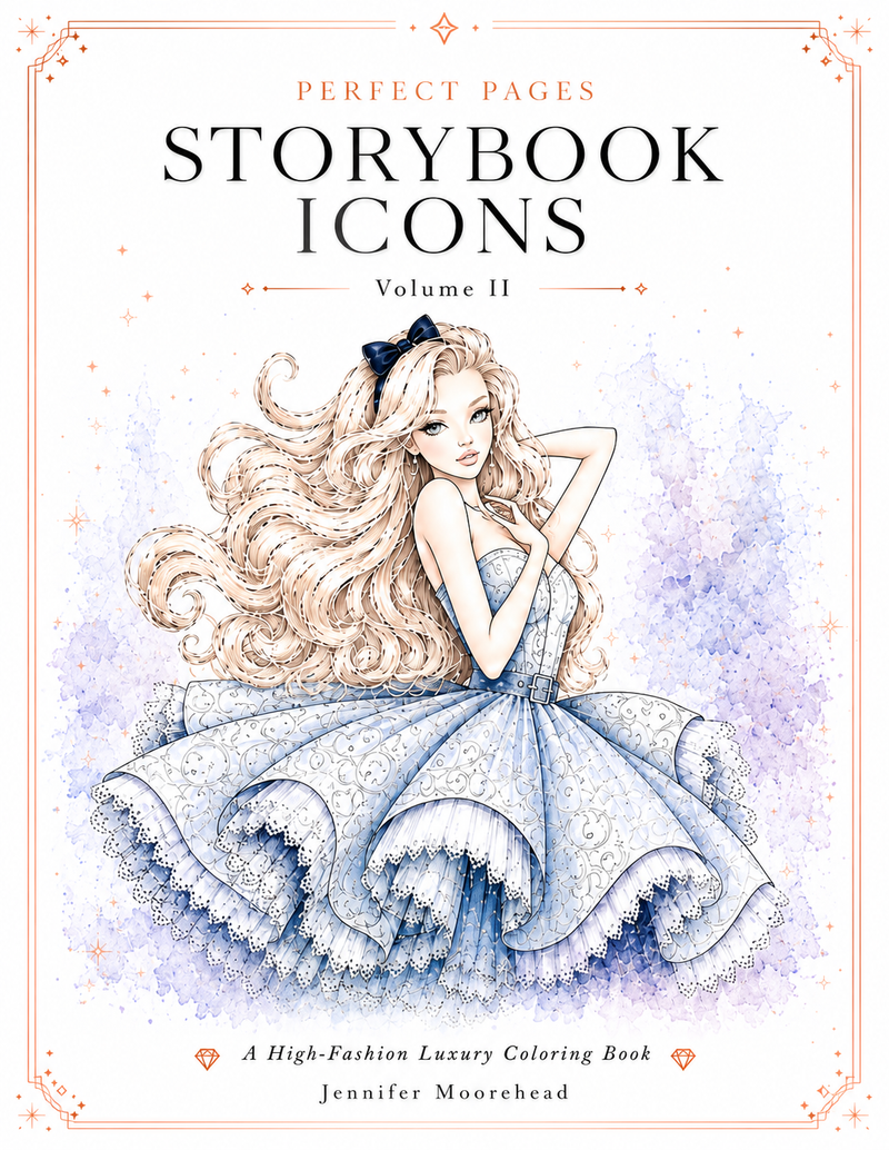 Cover of Perfect Pages Couture Fairytales coloring book featuring a high-fashion Snow White inspired illustration.