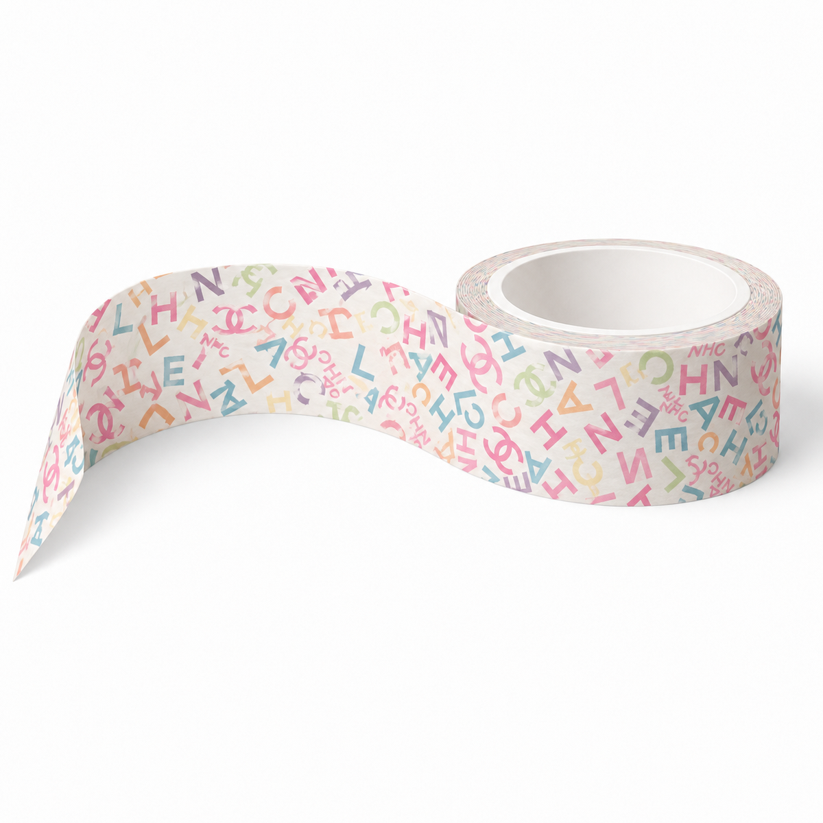 A roll of Multicolor Typography Luxe Washi Tape a white background and a colorful pattern of scattered cursive letters in pink, blue, yellow, and green, shown with one end unrolled.