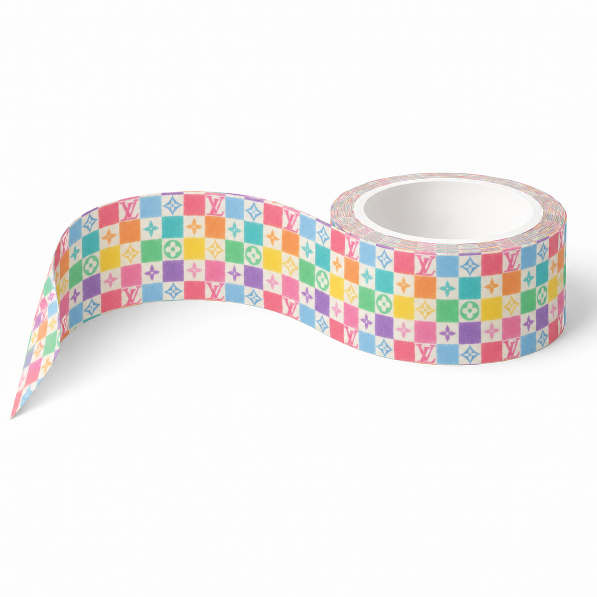 A roll of decorative tape with a colorful repeating checkered pattern featuring Louis Vuitton monogram and floral motifs in pink, blue, yellow, green, and orange, shown on a clean white background.
