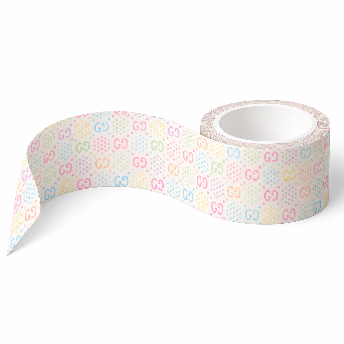 A roll of washi tape with a repeating pastel pattern of 'G' letters and polka dots on a white background, shown with one end unrolled.