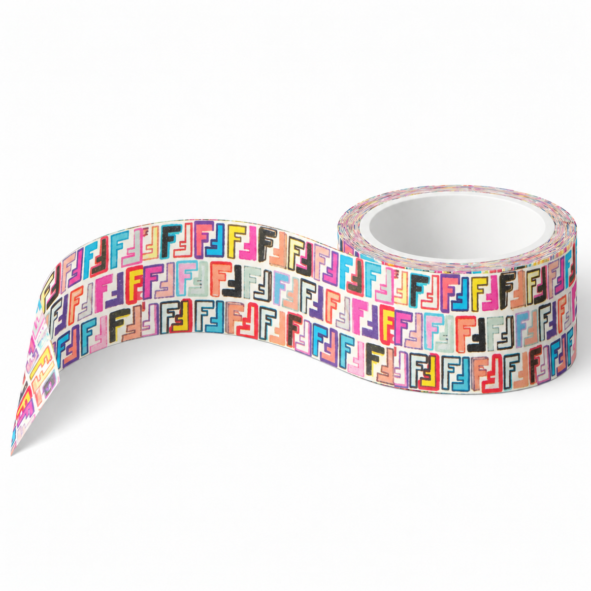 Luxe Washi Prismatic Geo decorative washi tape roll featuring a repeating geometric monogram-inspired pattern in vibrant shades of pink, blue, purple, orange, and red on a white background.