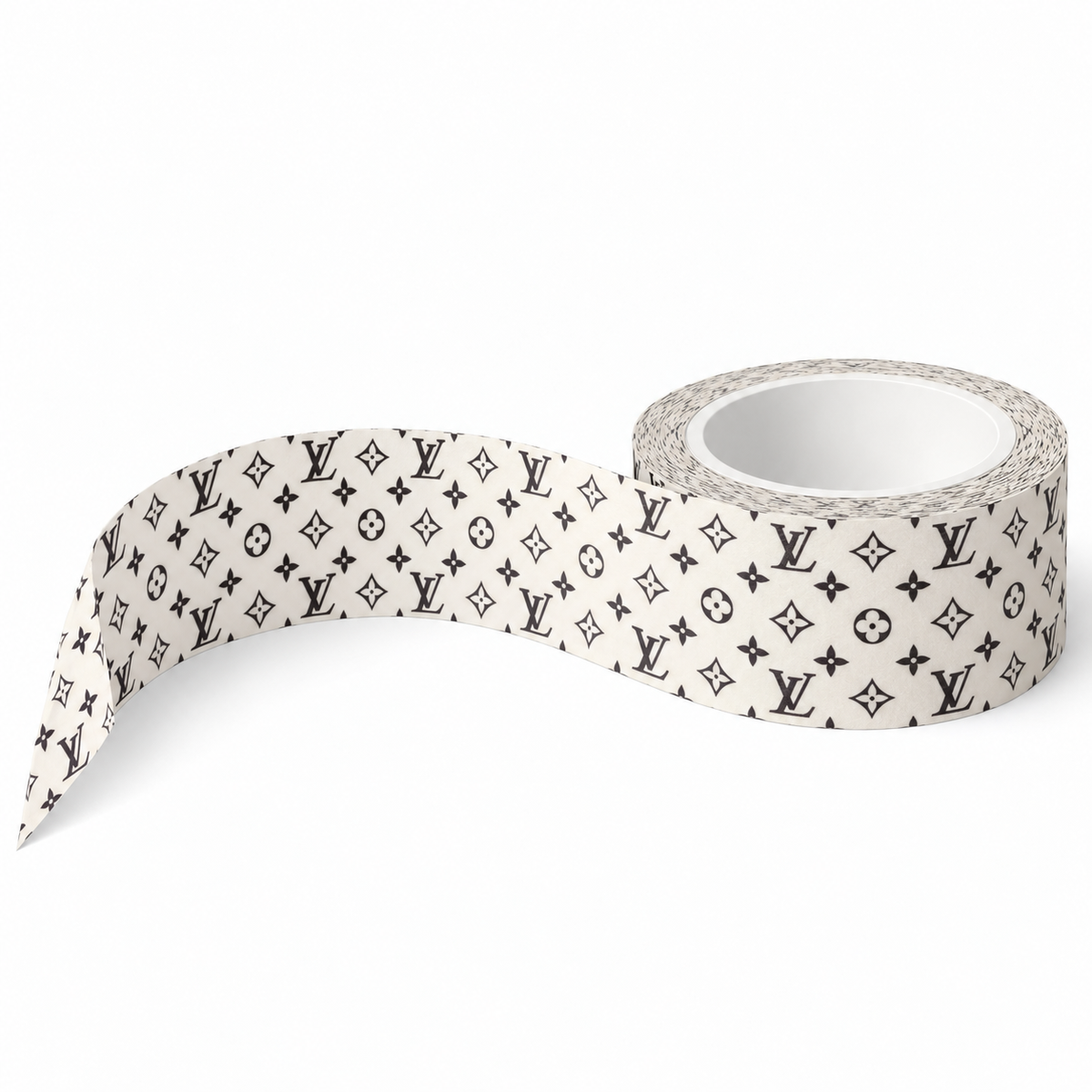 A roll of decorative tape with a black Louis Vuitton monogram pattern on a white background, shown with the tape unrolled slightly on a clean white studio background.