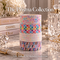 The Prisma Collection by Luxe Washi features four colorful designer-inspired washi tape rolls with vibrant monogram, checkerboard, and geometric patterns, displayed in an elegant luxury setting.